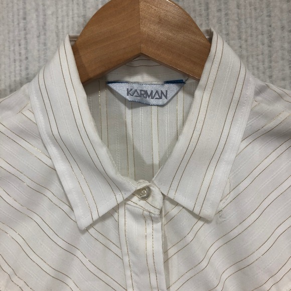 KARMAN White Gold Striped Ruffle Blouse Long Sleeve Button Up Shirt Size 15 16‎ - Picture 4 of 8